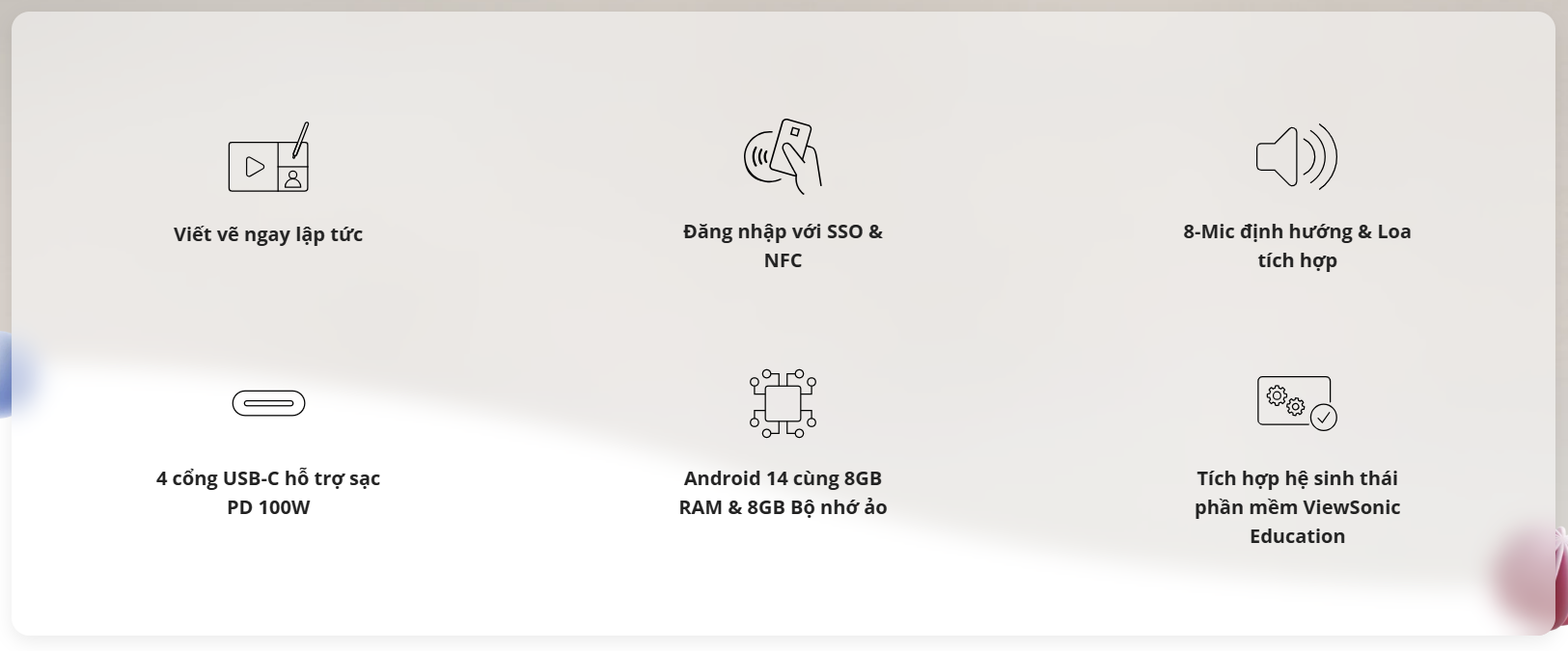 Màn Hình Tương Tác IFP 8653 Với NFC, SSO, Bút Stylus, CPU 8 Nhân, RAM 8GB, Bộ Nhớ Ảo 8GB, 4 Cổng USB-C, Android 14 Và Hệ Sinh Thái Giáo Dục ViewSonic